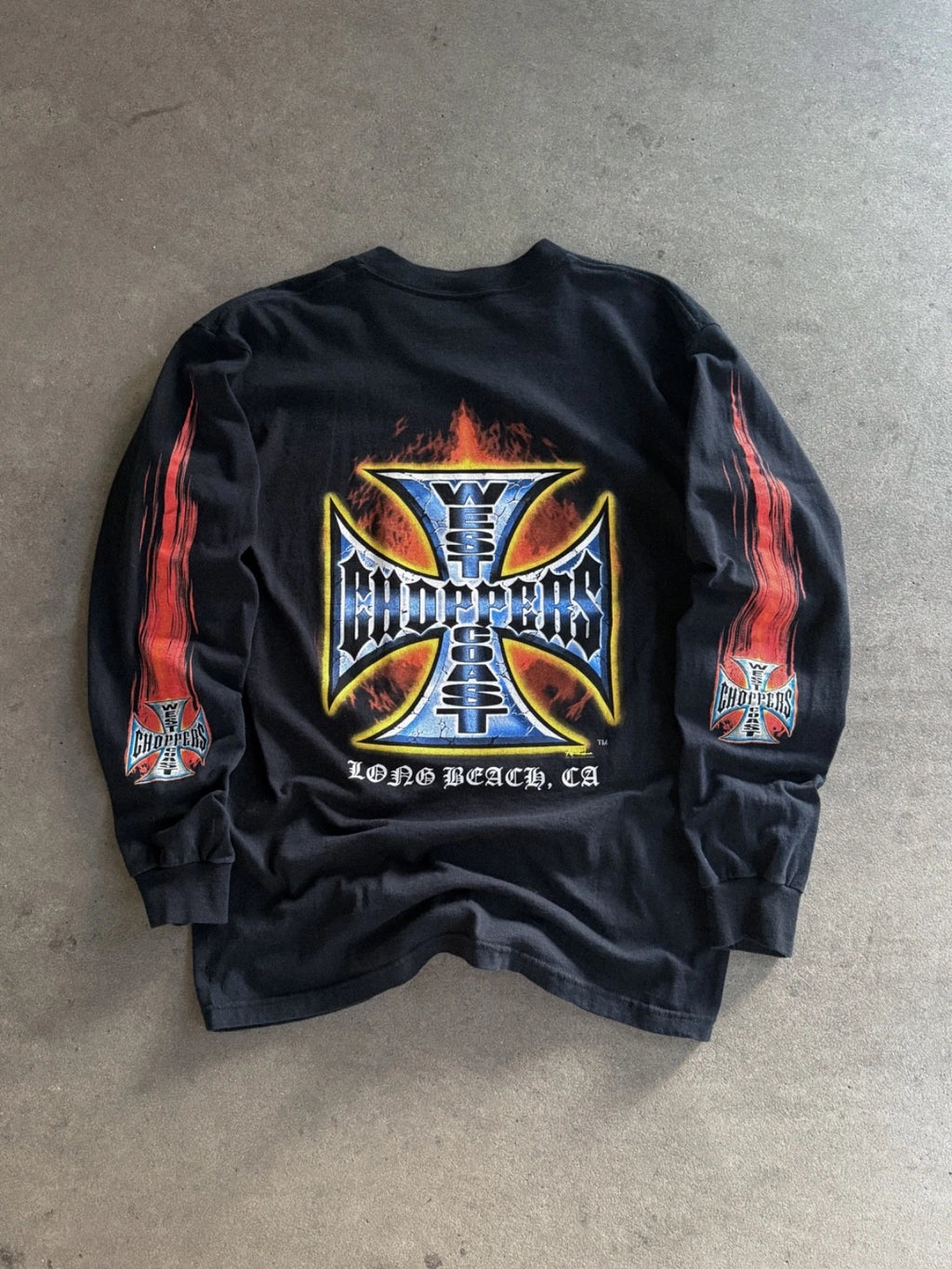 Vtg Long Sleeve T Shirt WEST COAST CHOPPERS L Flames Cross 90s Y2K Jesse James