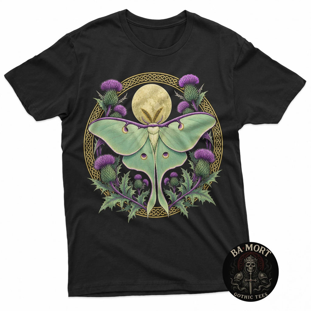 Scottish Thistle Luna Moth Heritage Celtic Botanical Art T-Shirt