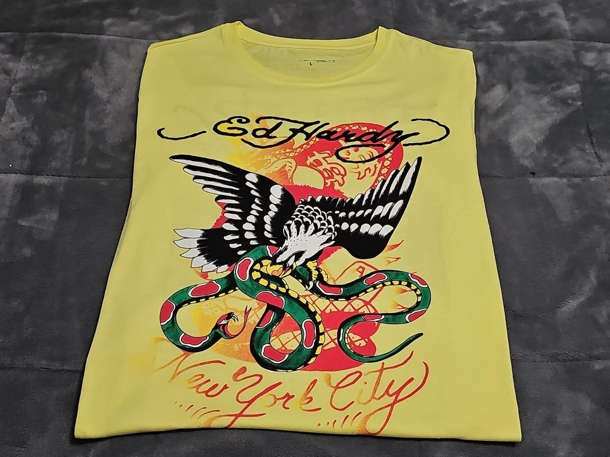 Ed Hardy NEW Artistic Edgy New York City Snake Bald Eagle Retro Tshirt SZ Large