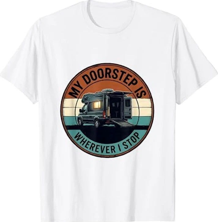 Men's My Doorstep Is Wherever I Stop Retro Van Life Road Trip T-Shirt