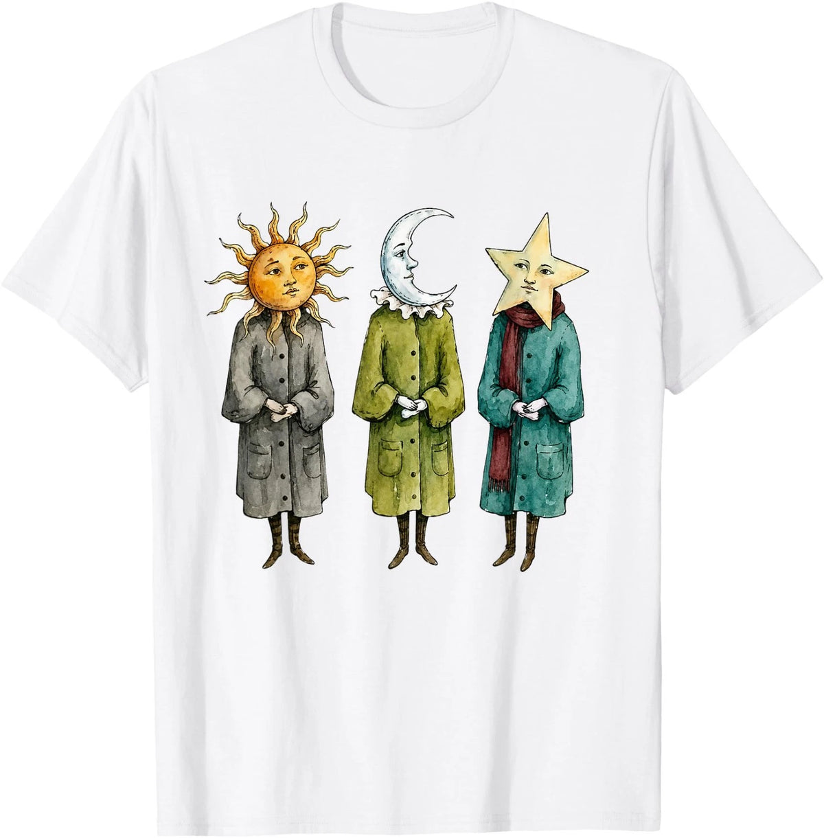 Sun Moon Star Faces Celestial Fantasy Art T-Shirt