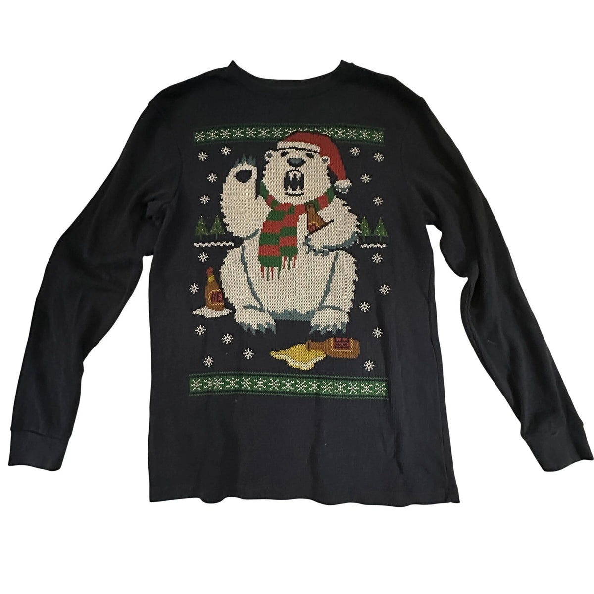 Drunk Polar Bear Ugly Christmas Sweater Thermal Long Sleeve Shirt Medium Navy