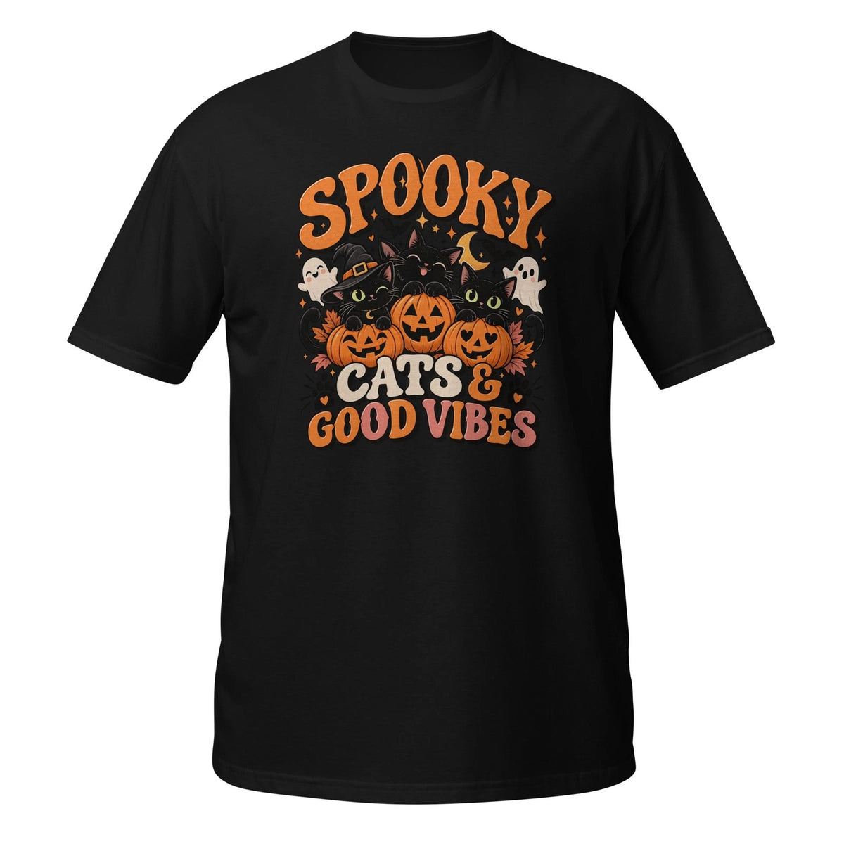 Black Cat Halloween Shirt Spooky Cats Good Vibes Pumpkin Graphic Tee