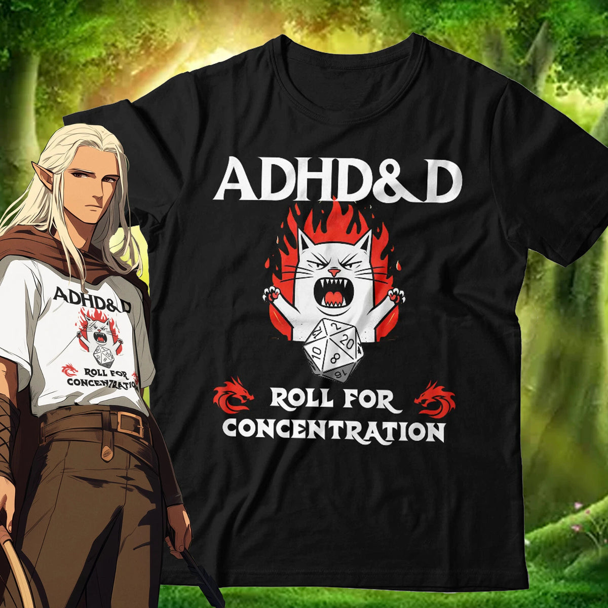 ADHD D&D Tshirt Unisex & Kids Dungeon Master Gamer Role Play Cats Funny Dice
