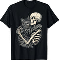 Skeleton Hugging Cat Halloween Cat Lover Cat Mom Dad T-Shirt