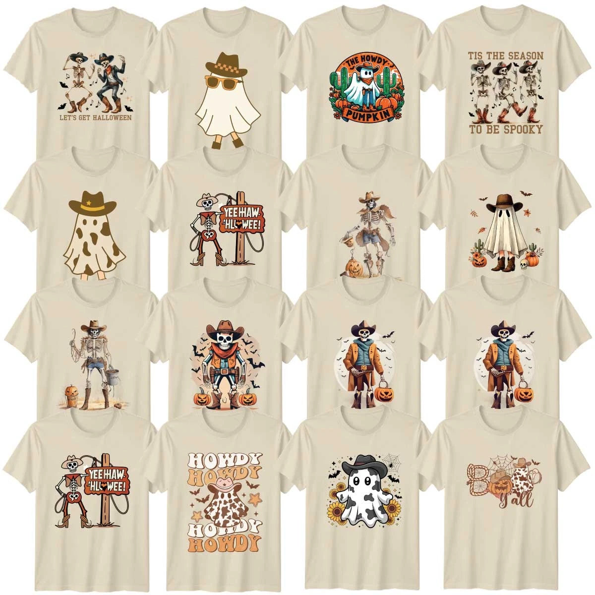 Retro Halloween Western Adult T-Shirt Cowboy Skeleton Halloween Gift