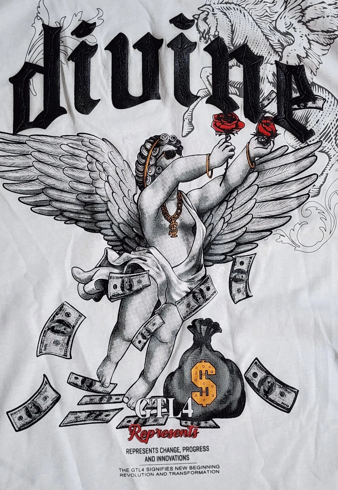 GTL4 T-Shirt Sz XL Divine Angel Roses Money Change Progress Innovation Tee