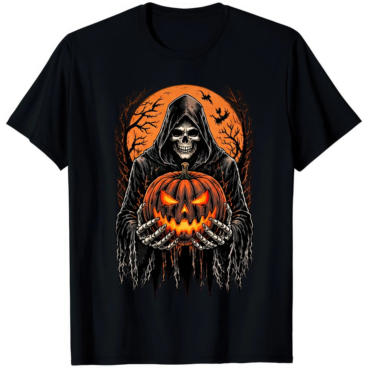 Reaper Holding Glowing Pumpkin Grim Skeleton Halloween Lantern Gothic T Shirt