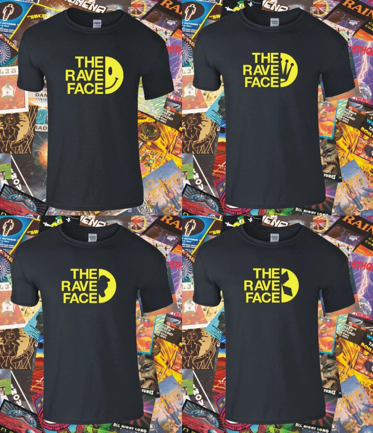 RAVE T-SHIRT THE RAVE FACE FANTAZIA DREAMSCAPE ACID DOVE WAREHOUSE PARTY 90s