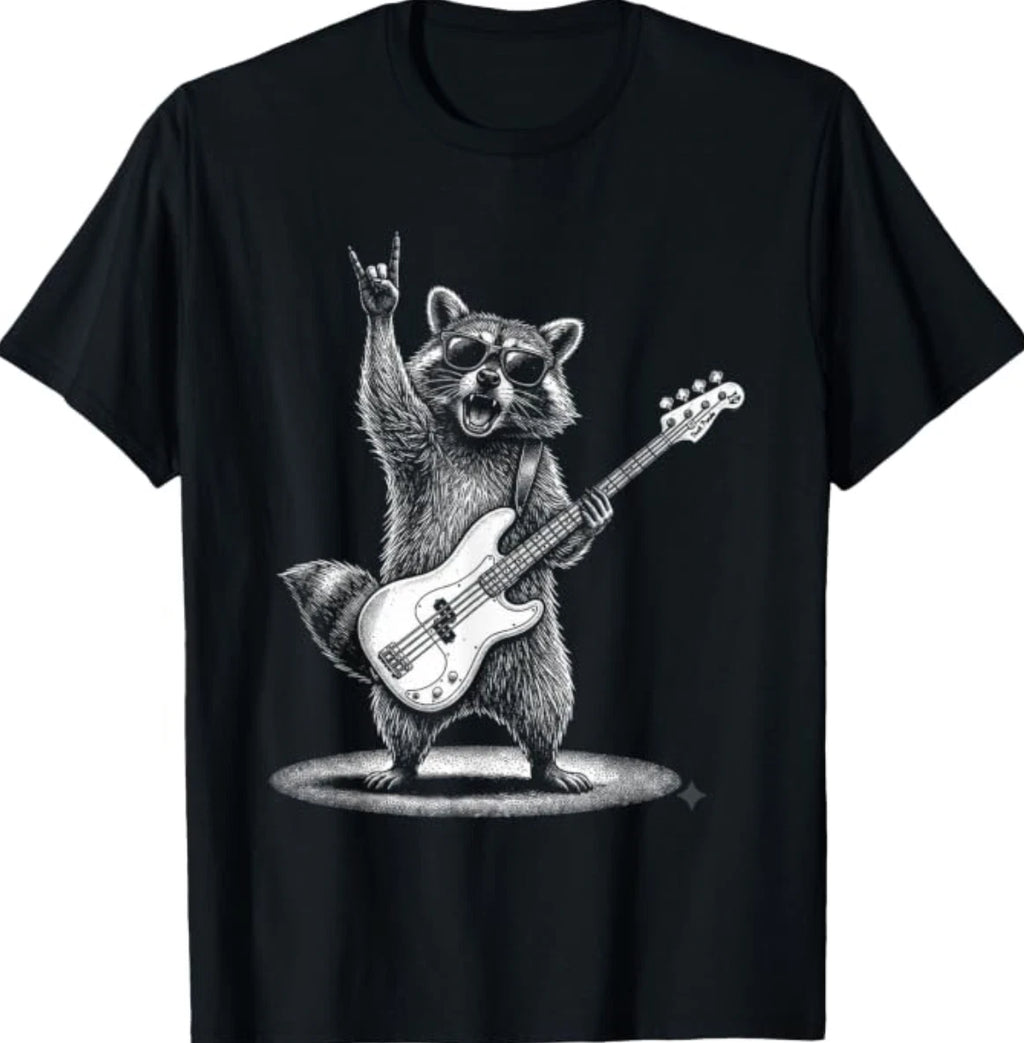 Raccoon Bass Guitar Player Rock Music Animal Lover Design T-Shirt