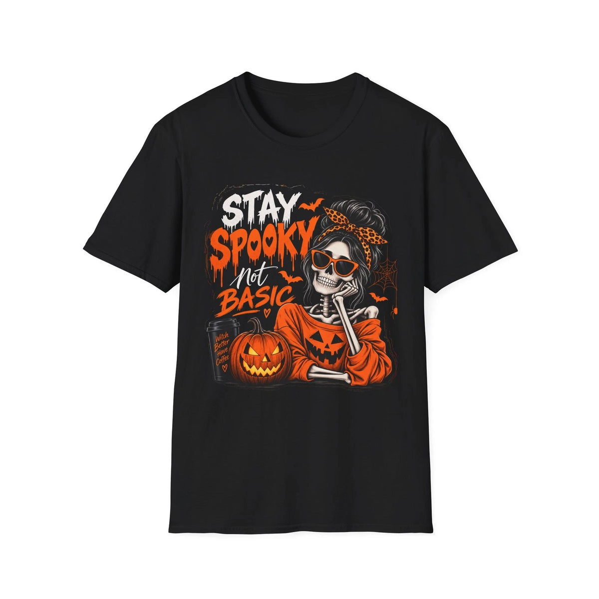 Stay Spooky Not Basic Skeleton Halloween T-Shirt | Pumpkin Skull Tee