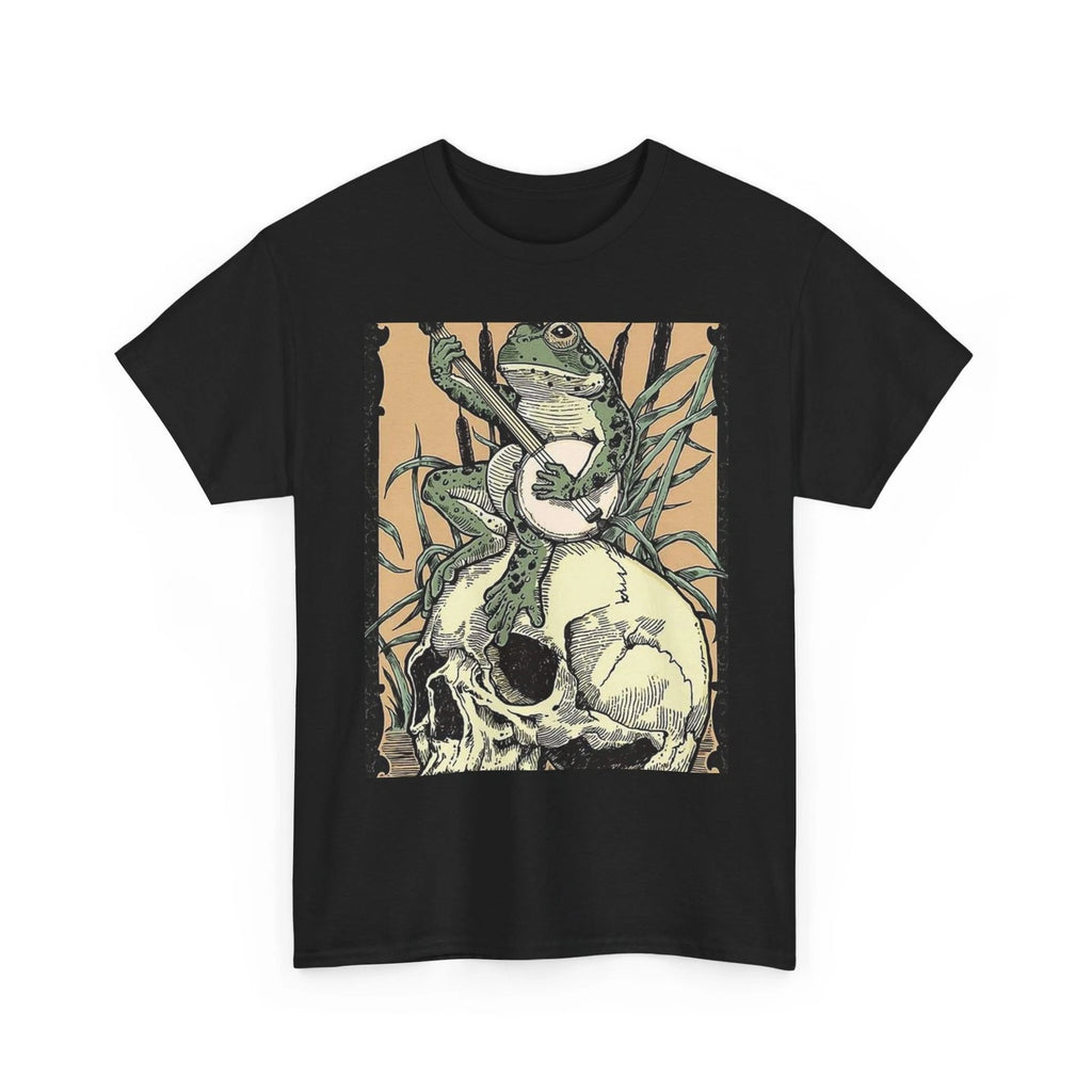 Frog Playing Banjo on Skull Tee Gothic Illustration Unisex Toad T-Shirt Custom !