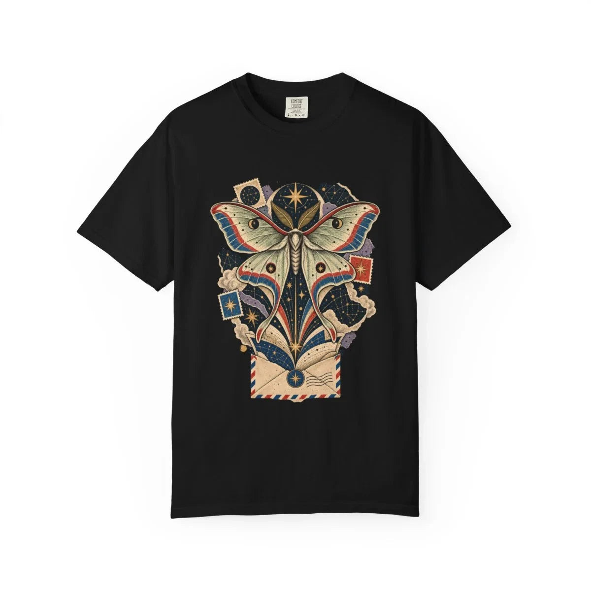 Air Mail Moth Celestial Collage T-Shirt Black Front Print Comfort Colors 1717