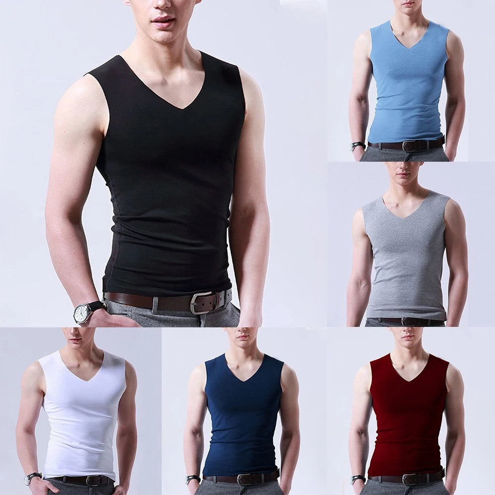 Trendy Muscle T Shirt Sleeveless Vest V Neck Undershirt suitable for Men