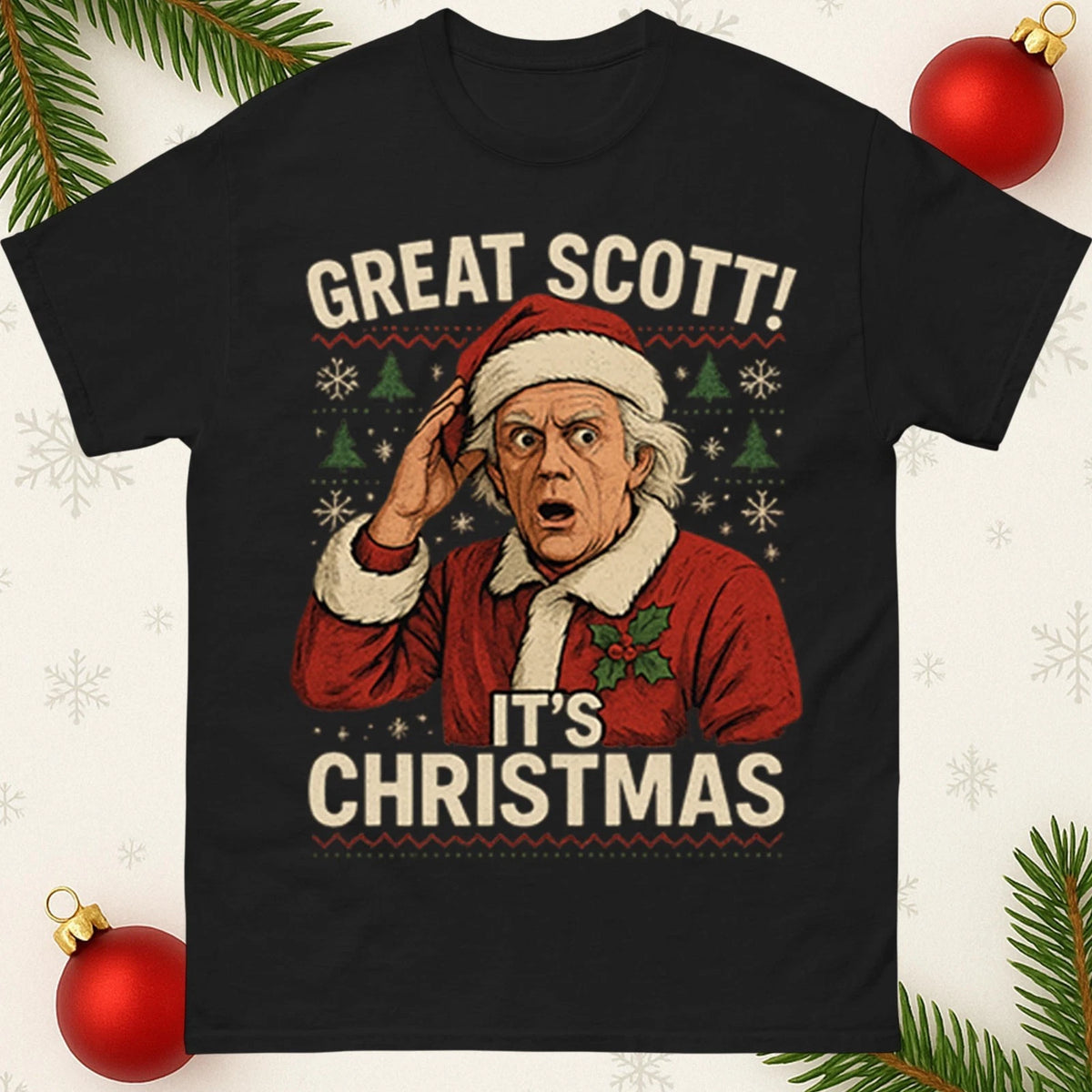 Doc Back To The Future Christmas T-Shirt Great Scott Retro Time Travel Xmas Top