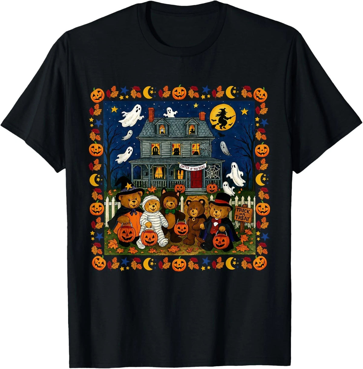 Cute Funny Mummy Ghosts Trick-or-Treat Bears Haunted House T-Shir unisex T-Shirt