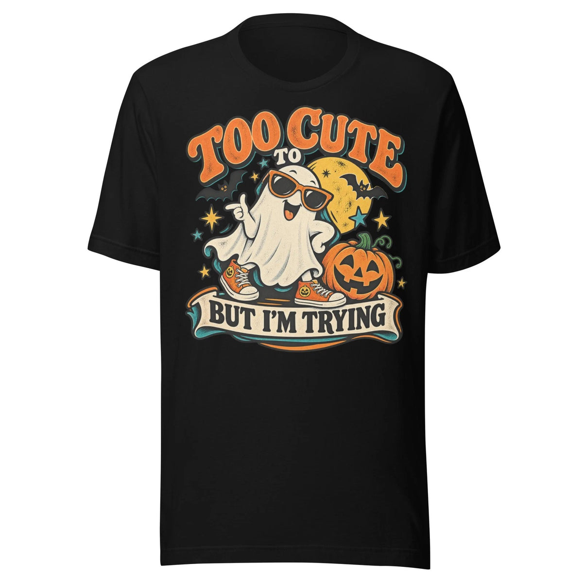 Too Cute But I'm Trying Halloween T-Shirt – Funny Retro Ghost Graphic Tee