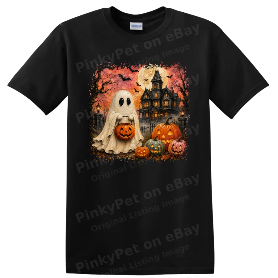 Halloween Ghost Haunted House Pumpkin T Shirt Spooky Gothic Fall Decor Art Tee