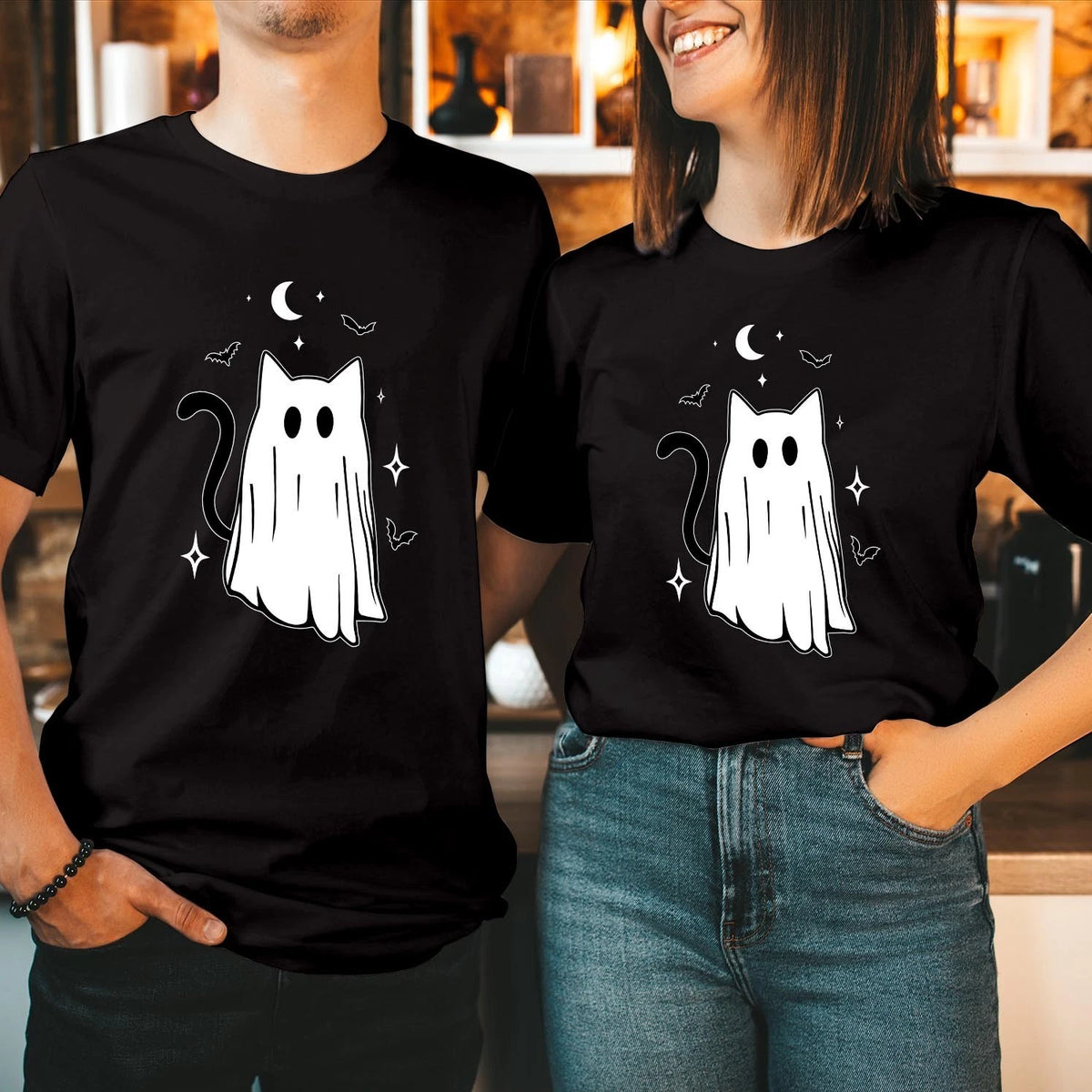 Black Cat Scary Pumpkin Moon Halloween T-Shirt Spooky Season Party Tee T-1926