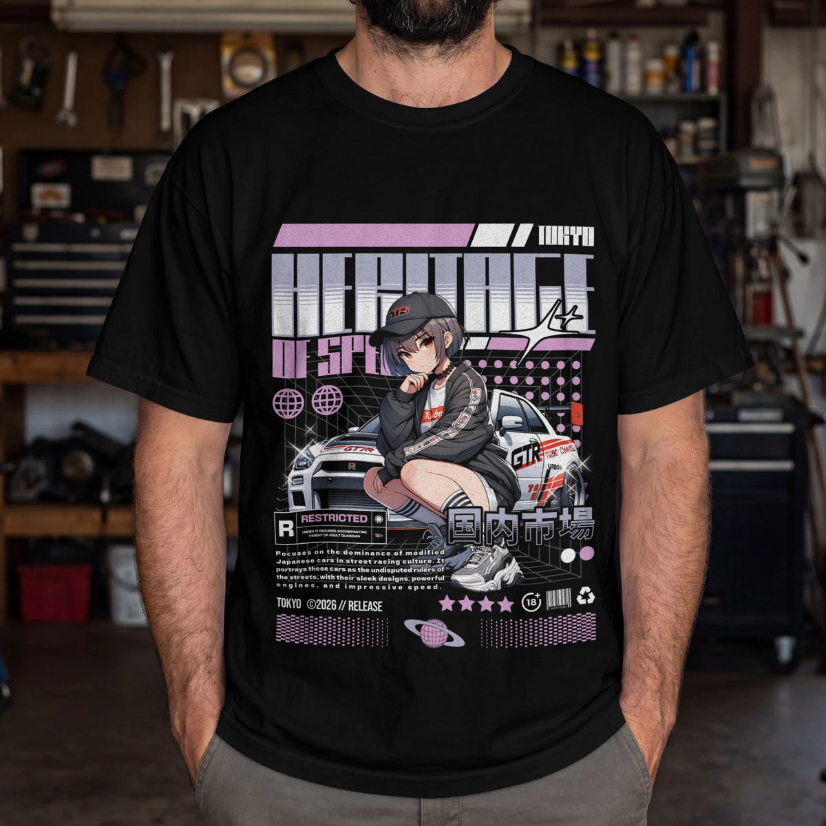 JDM Anime T-Shirt Tokyo Street Racing Car Graphic Tee Heritage Of Speed Black
