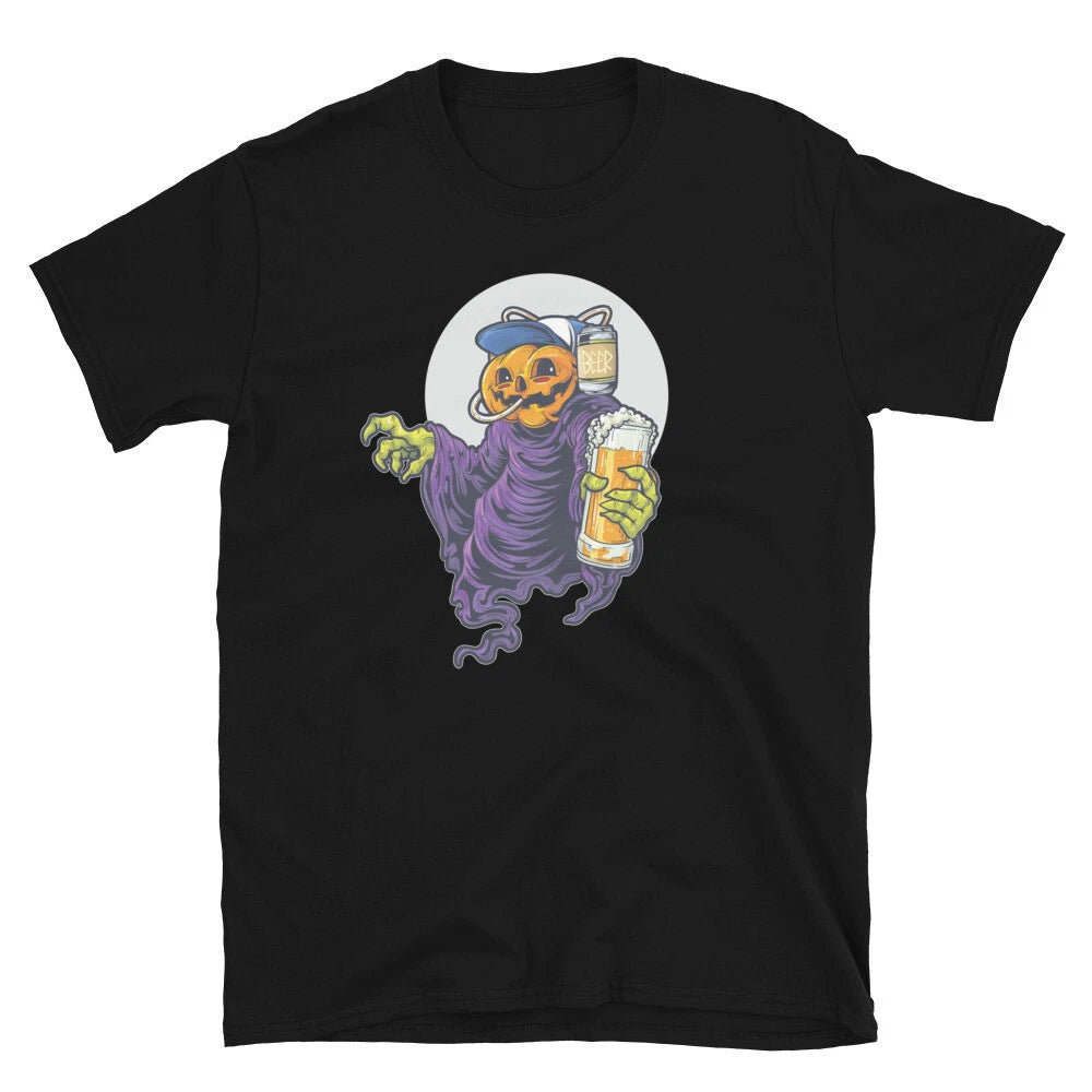 Scary Evil Jack O' Lantern Drinking Beer Halloween Short-Sleeve Unisex T-Shirt