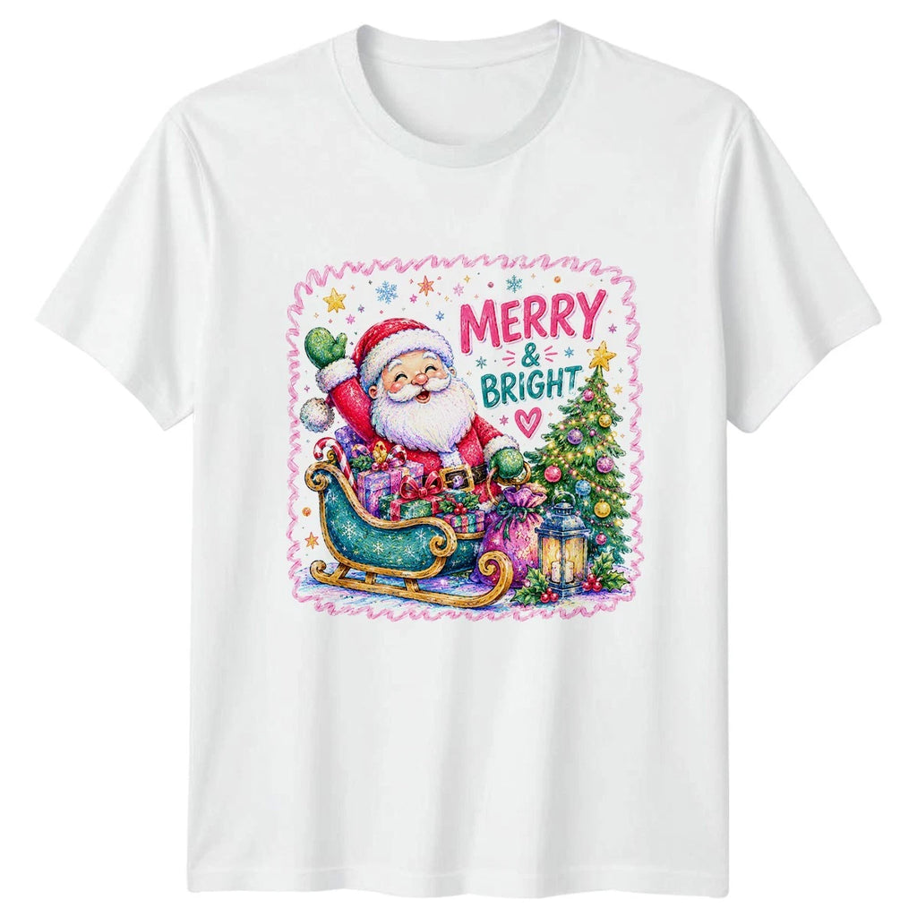 Cute Cartoon Santa Sleigh T-Shirt Festive Merry And Bright Christmas Gift