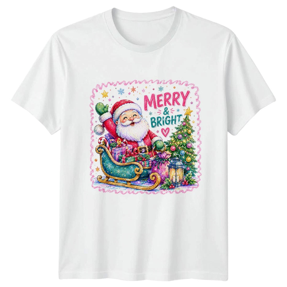 Cute Cartoon Santa Sleigh T-Shirt Festive Merry And Bright Christmas Gift