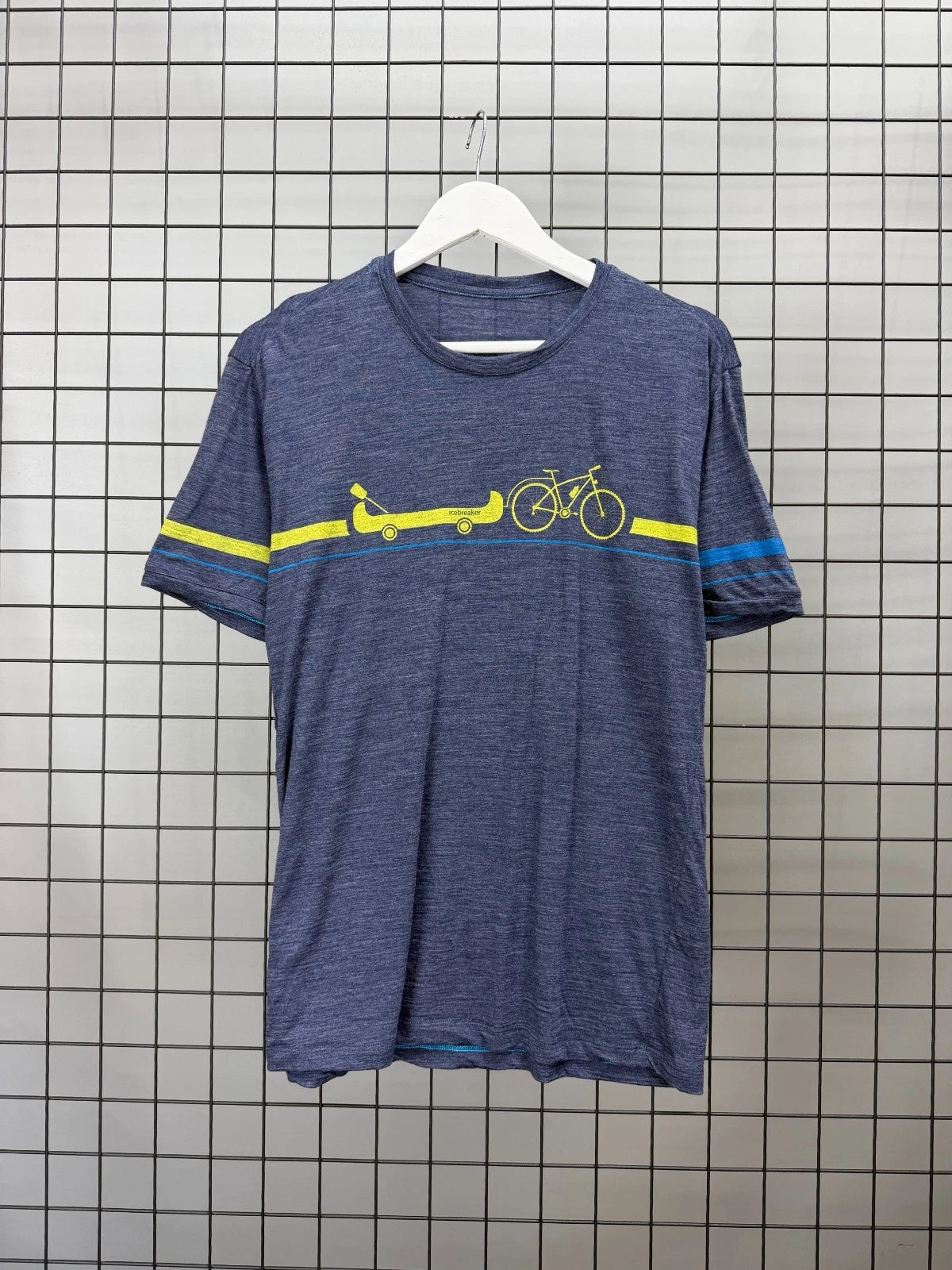 Icebreaker Merino Wool Men's T-Shirt Blue Bike Kayak Graphic Outdoor Tee size L