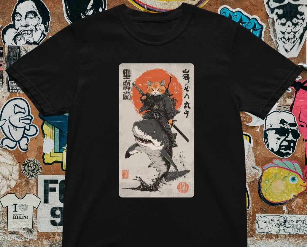 Samurai Cat T-Shirt - Japanese Ukiyo-e Style Graphic Tee, Warrior Cat Art Shirt
