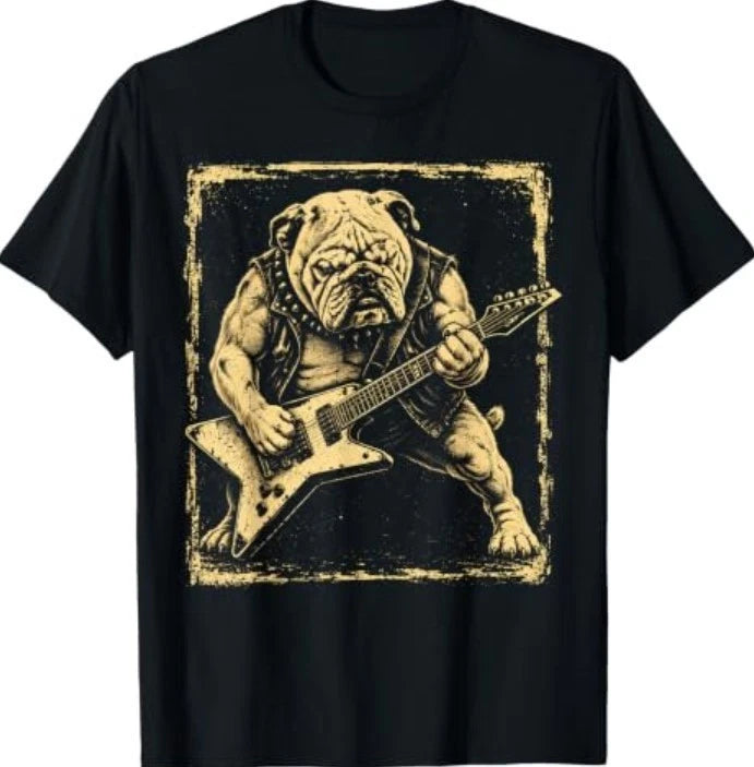 Funny Bulldog Dog Playing Guitar Rock Punk Vintage T-Shirt