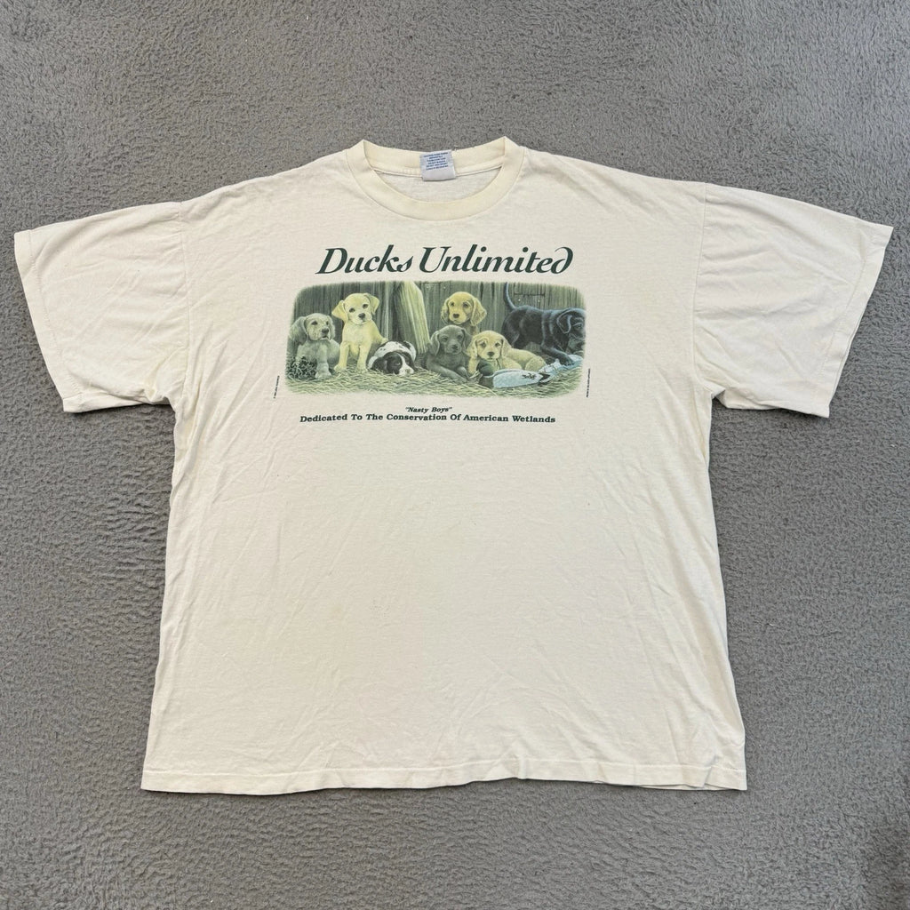 Vintage Ducks Unlimited Dog Shirt Mens XL White Art 90s Short Sleeve Outdoors