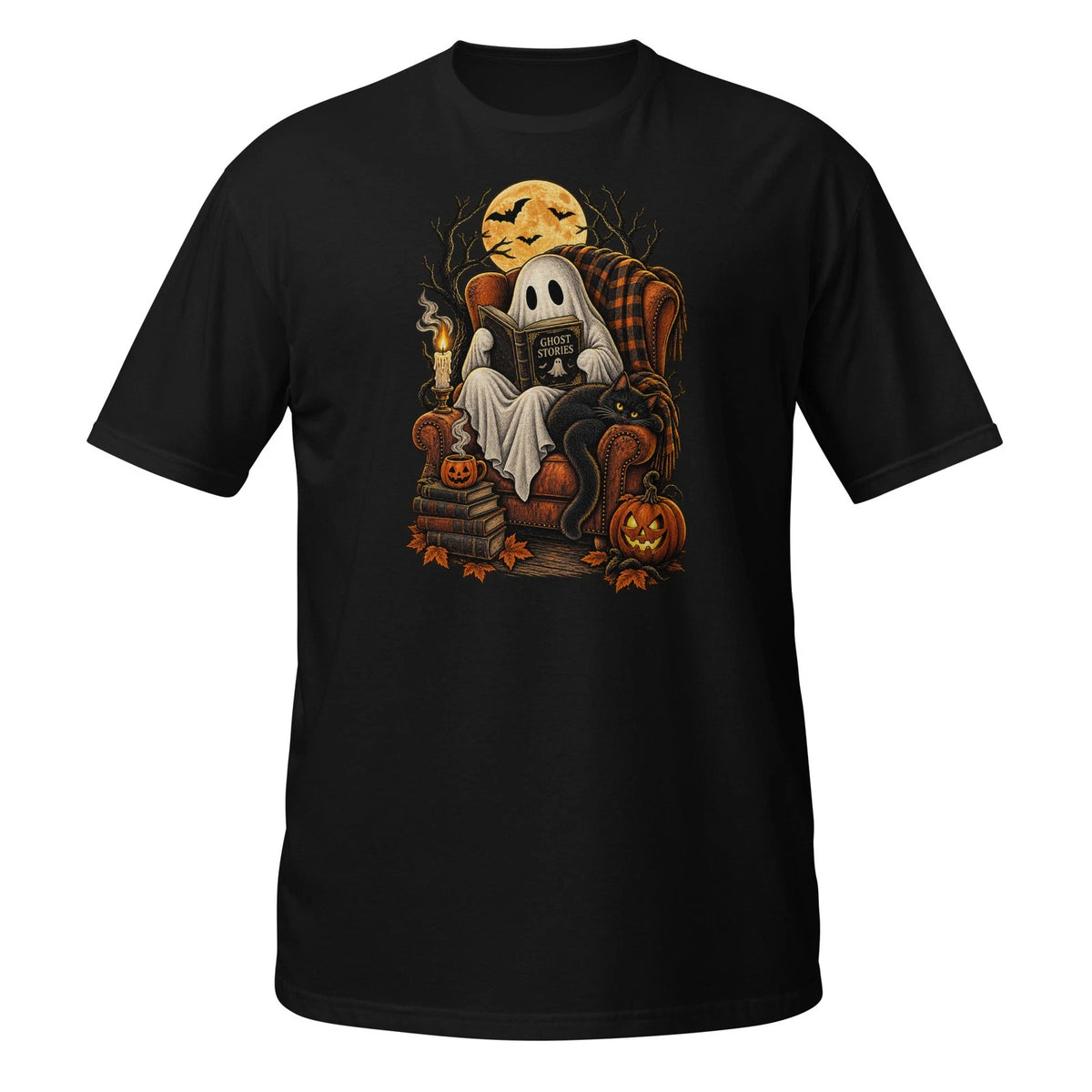 Cozy Ghost Stories Halloween T-Shirt Black Cat Pumpkin Spooky Reading