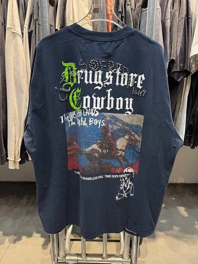Drugstore Cowboy Western Paly Silver Beaded Mens Navy Blue Cotton T Shirt