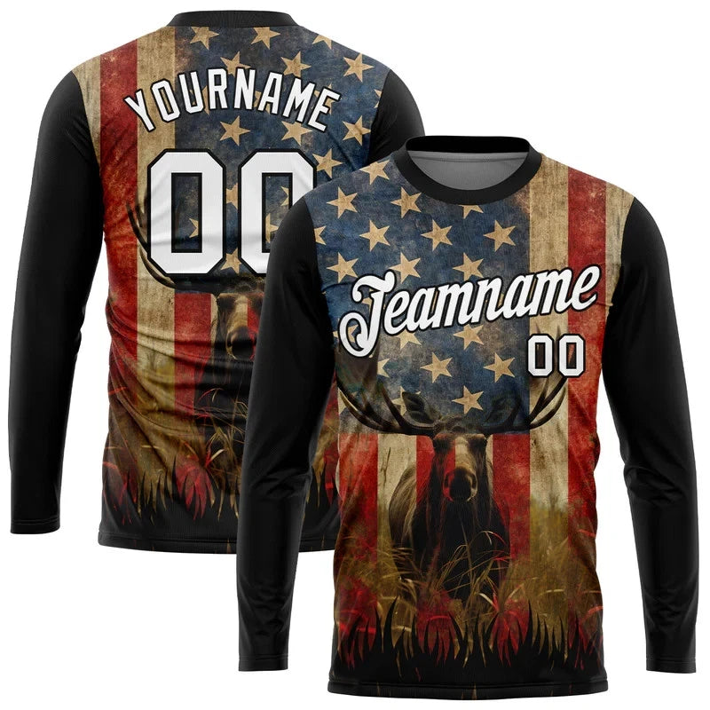 Custom 3D Animal Deer Hunting American Flag Long Sleeve T-Shirt HS1517