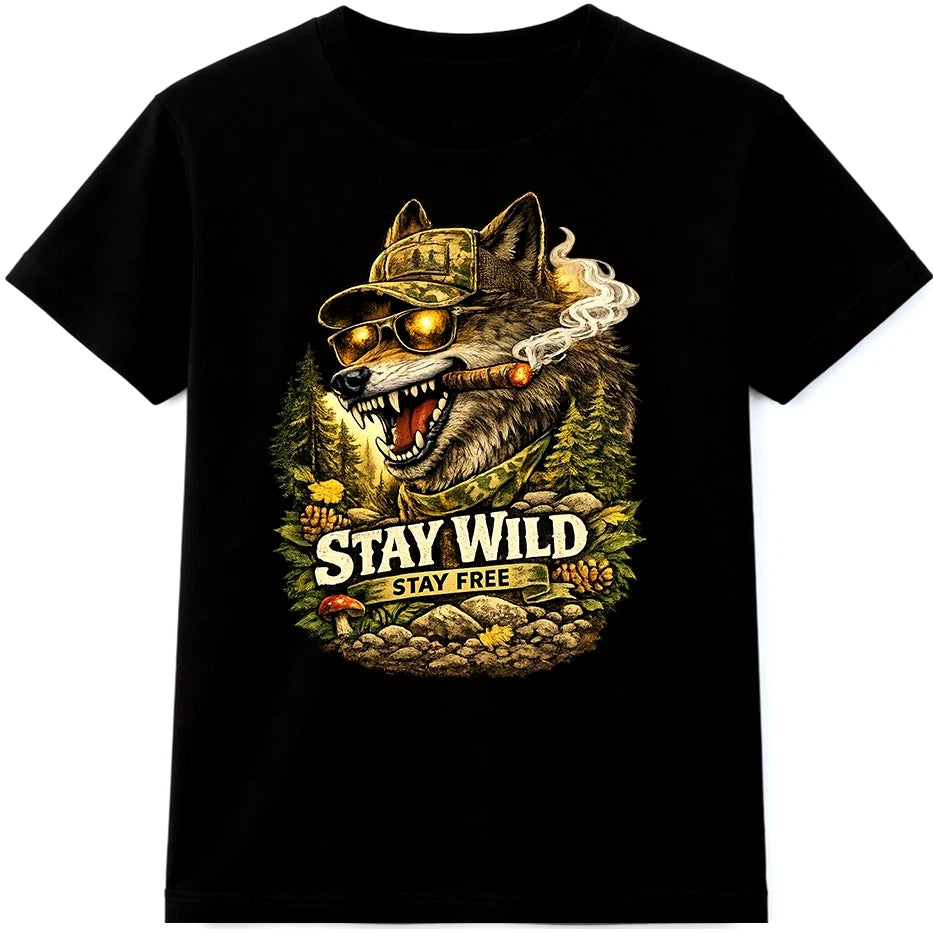Stay Wild Stay Free Wolf Camo Hat Sunglasses Cigar Forest Wildlife Graphic Tee.