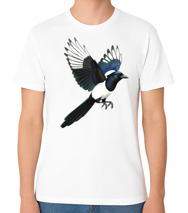 Magpie Bird T-Shirt Realistic Flying Magpie Wildlife Nature Lover Gift Tee