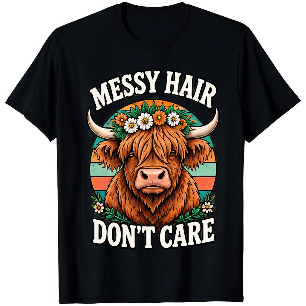 Messy Hair Dont Care Funny Retro Highland Cow Floral Womens Slogan Gift T Shirt