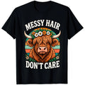 Messy Hair Dont Care Funny Retro Highland Cow Floral Womens Slogan Gift T Shirt