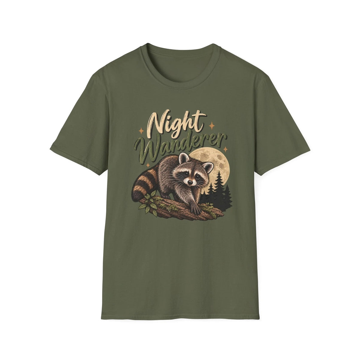 Night Wanderer Raccoon T-Shirt: Moonlit Forest Wildlife Graphic