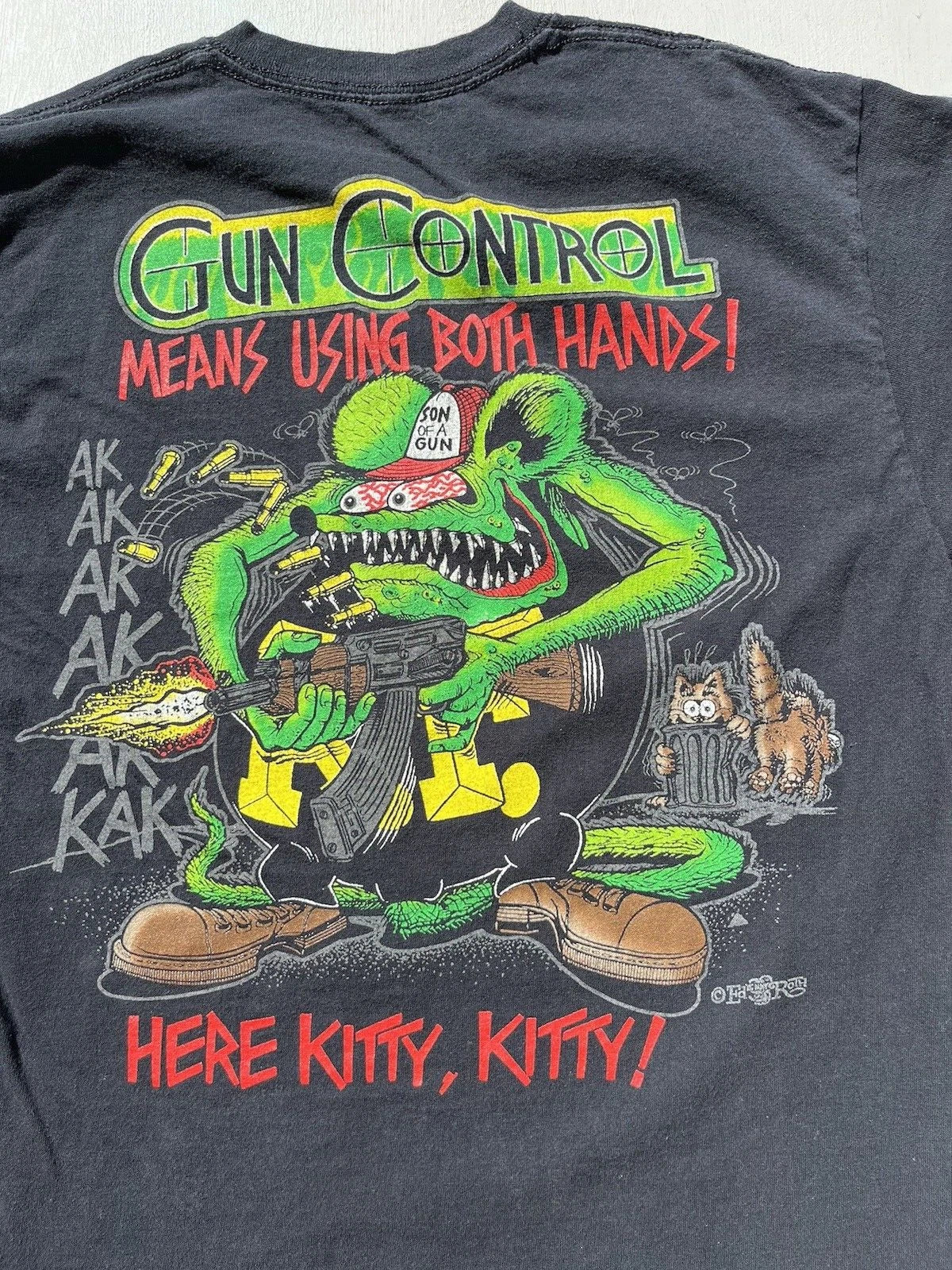 Men's Rat Fink T-Shirt Black Gun Control M Cartoon Spell-Out Anime Street Art