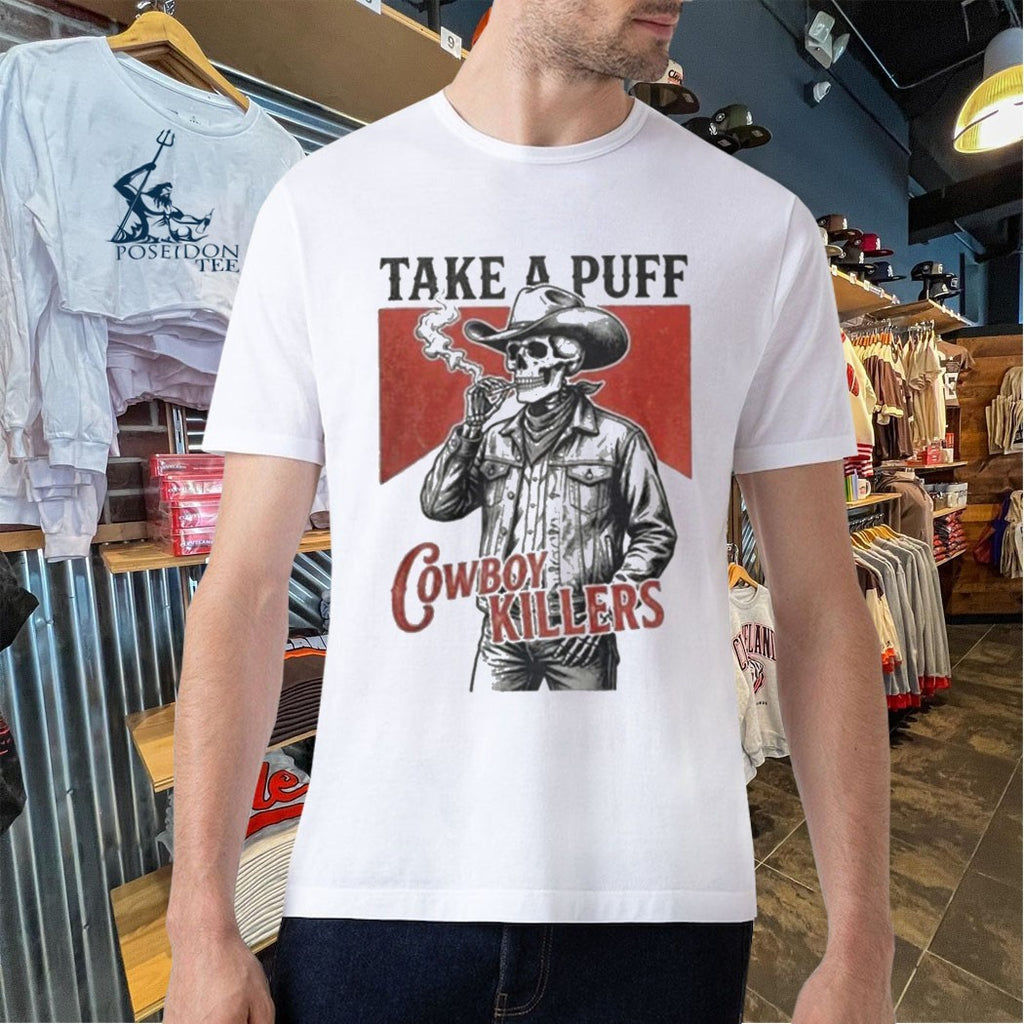 Smoking Skeleton Take A Puff Cowboy Killers Skull T-shirt