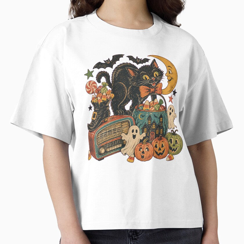 Retro Halloween Black Cat, Ghosts, Pumpkins, Candy and Vintage Radio Collage by SezzyDesigns
