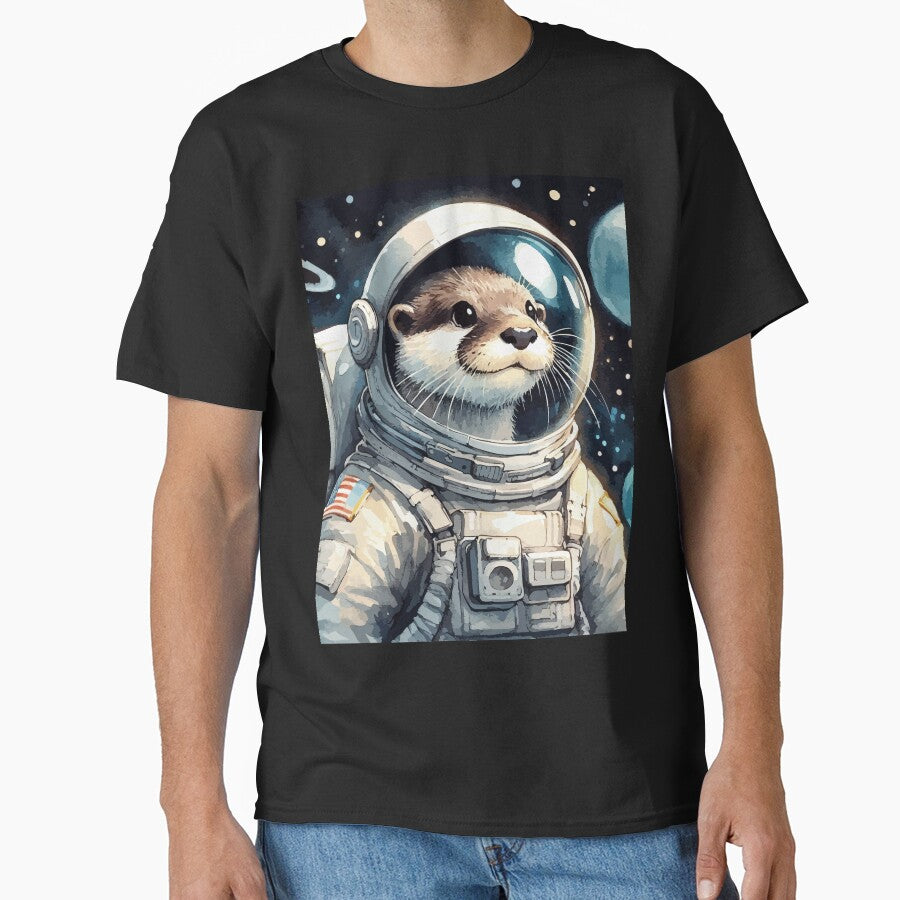 Otter Astronaut Space Planets Watercolor Painting by TomFrontierArt