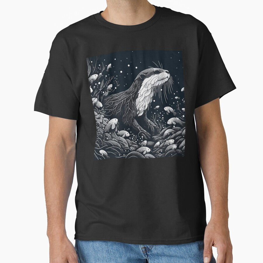 Monochromatic Outline Otter Swimming Underwater World by TomFrontierArt