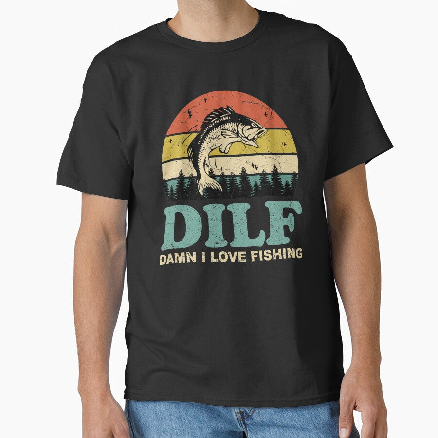 DILF Damn I Love Fishing Retro Vintage Sunset Funny Fishing Gift by EvengoDesign89