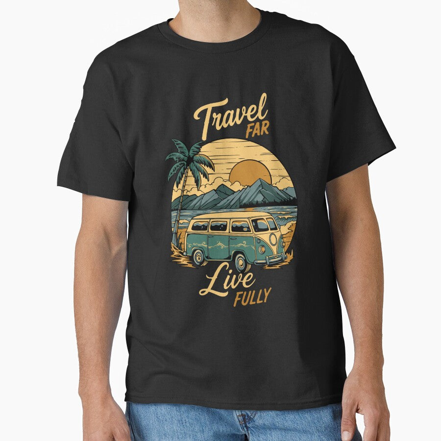 Travel Far Live Fully Vintage Camper Van T-Shirt by phsycartwork