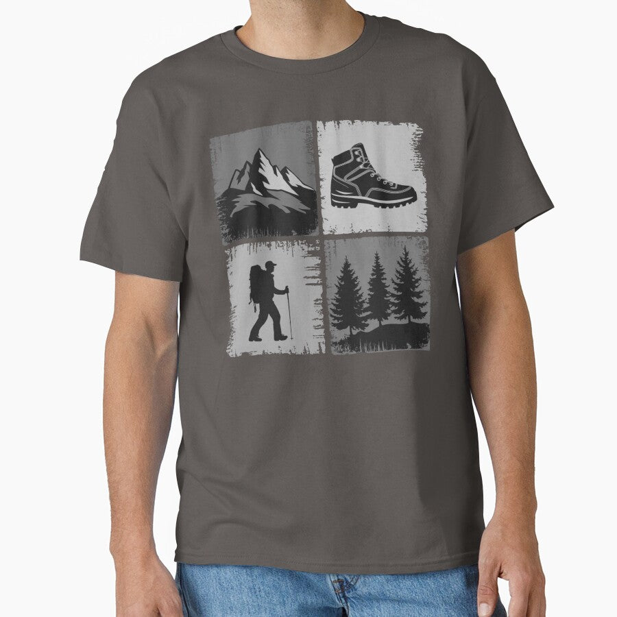 Hiking Icons Grid – Mountains, Boot, Hiker & Trees Monochrome Design by Gabe1983