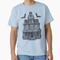 Haunted Victorian Mansion Bats Gothic House Woodcut Blue by Ghoul Enterprises