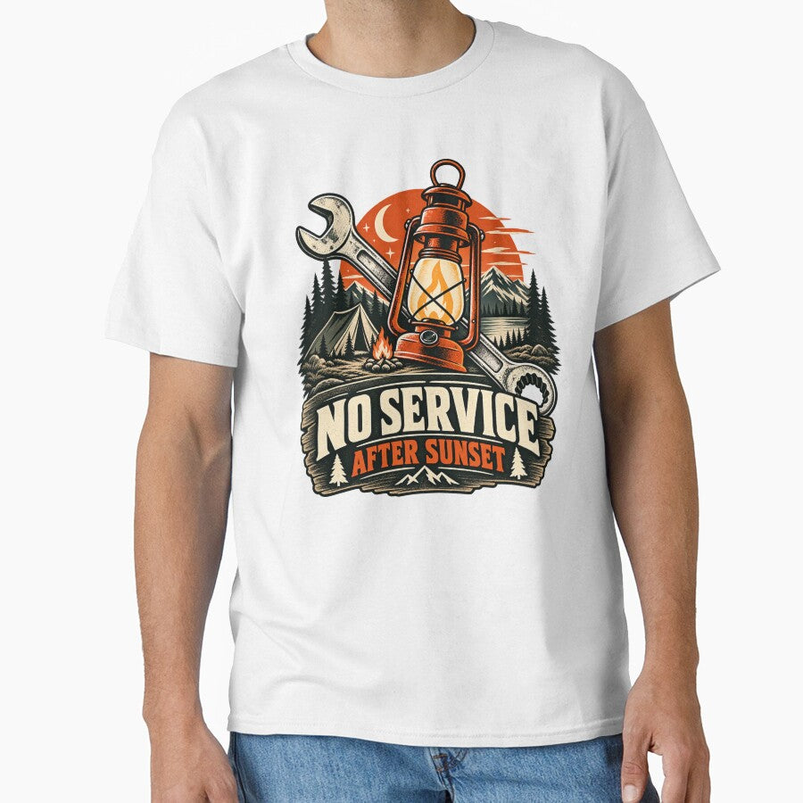 Mechanic Camping T-Shirt – No Service After Sunset by OFFSHIFT1