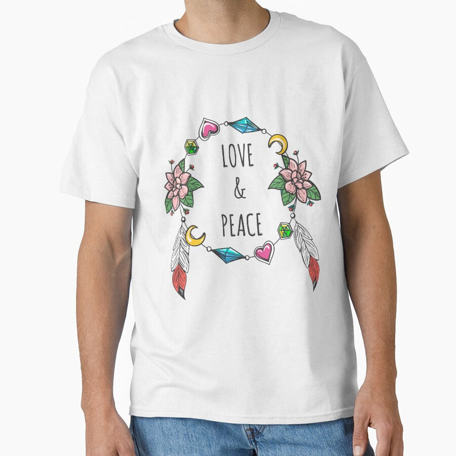 Love and peace Sign Boho Style with Pink Flowers and Moon by GypsyMagic